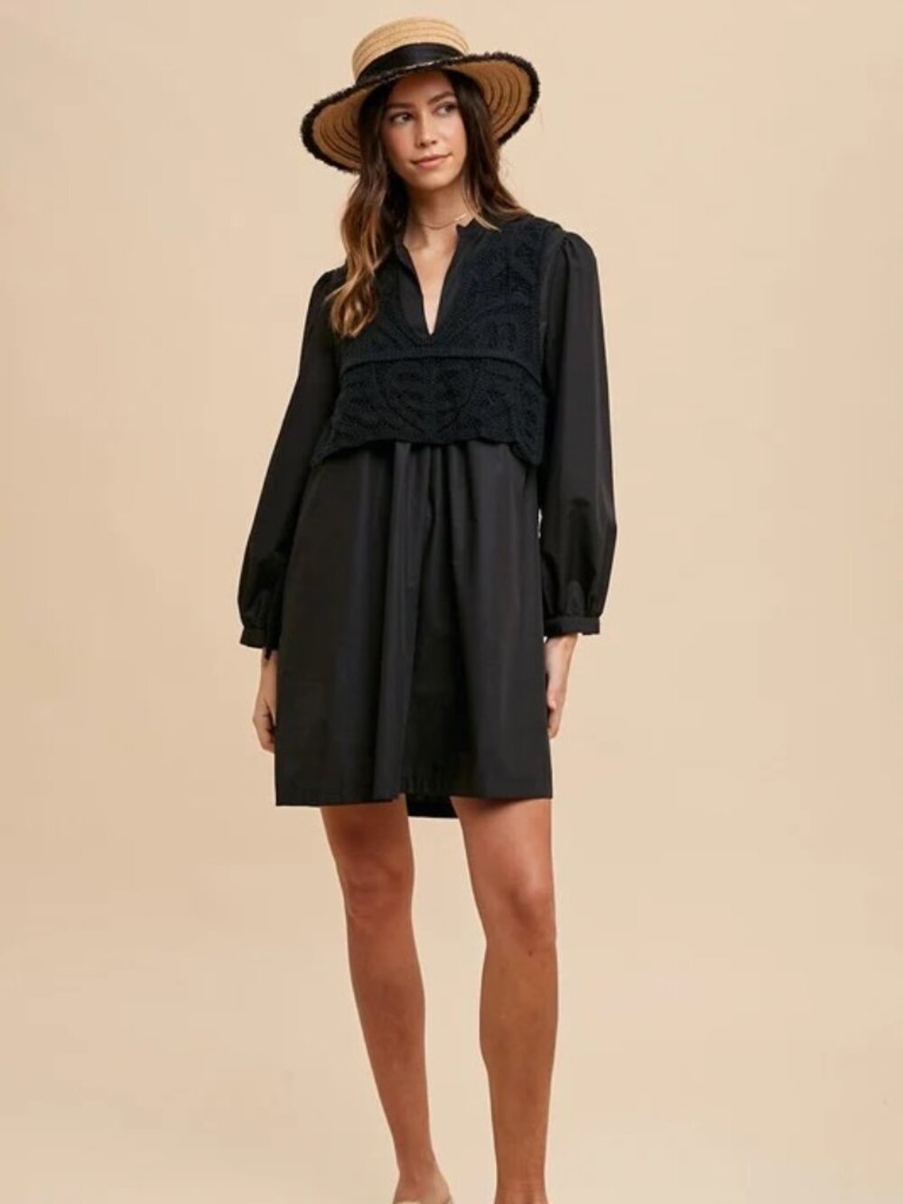 NWT Anniewear Crochet Overlay Long Sleeve Babydoll Tunic Dress Size M